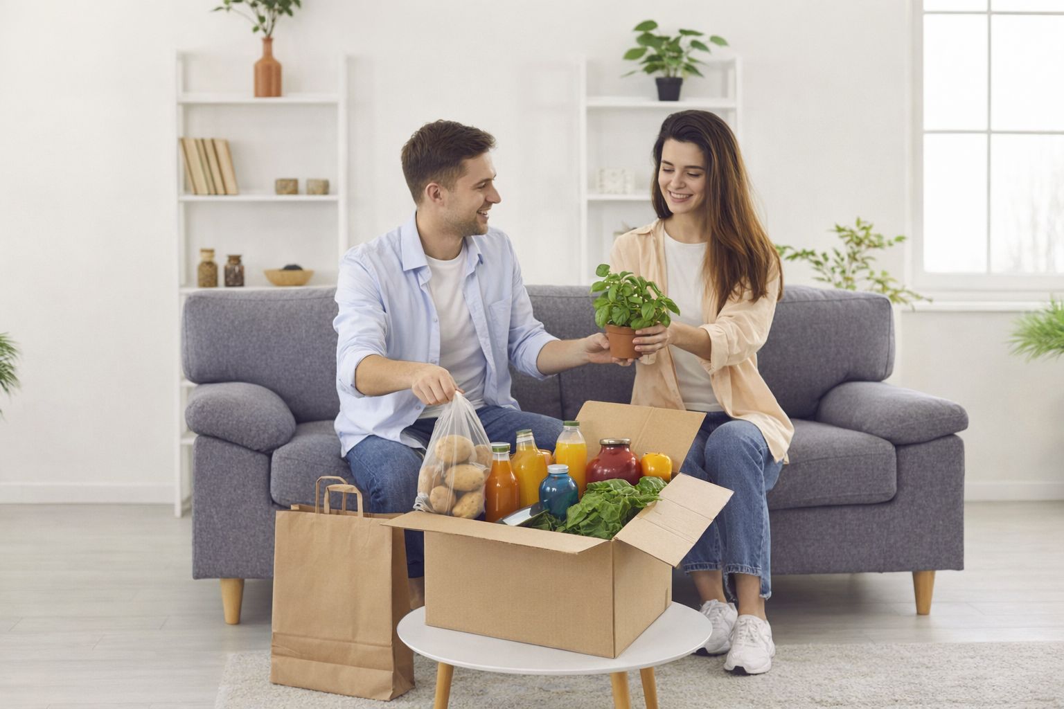 Et ungt par pakker en måltidskasse ud med friske grøntsager og juice i stuen.